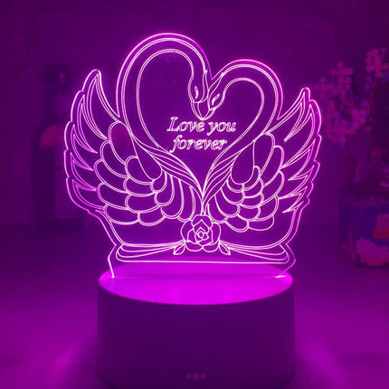 Lámpara LED 3D cisnes y corazón