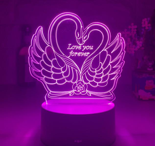 Lámpara LED 3D cisnes y corazón