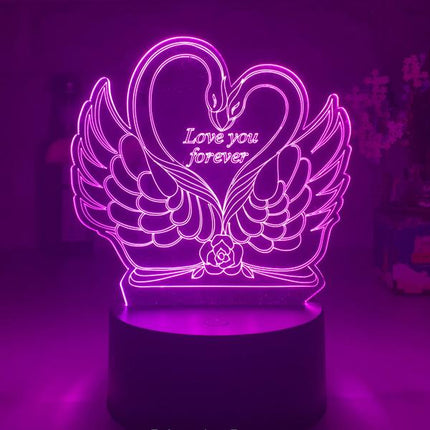 Lámpara LED 3D cisnes y corazón