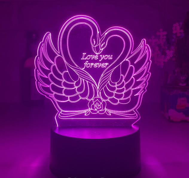 Lámpara LED 3D cisnes y corazón