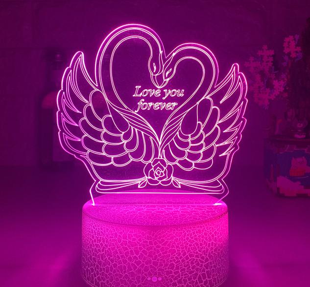 Lámpara LED 3D cisnes y corazón