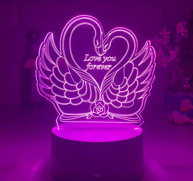 Lámpara LED 3D cisnes y corazón