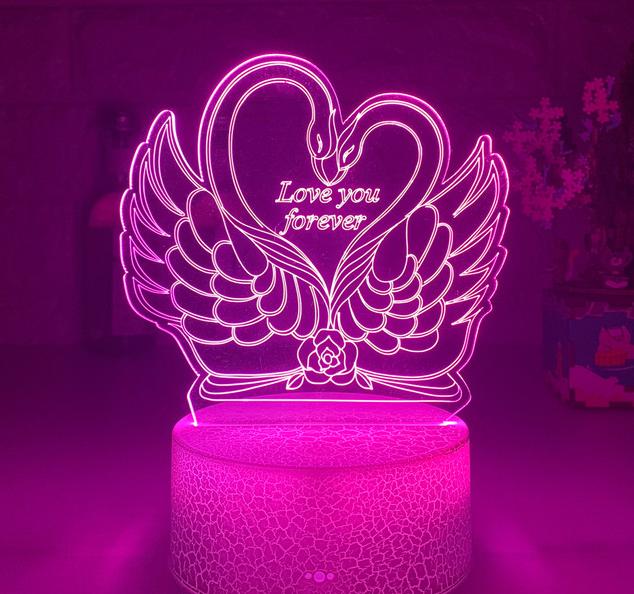 Lámpara LED 3D cisnes y corazón